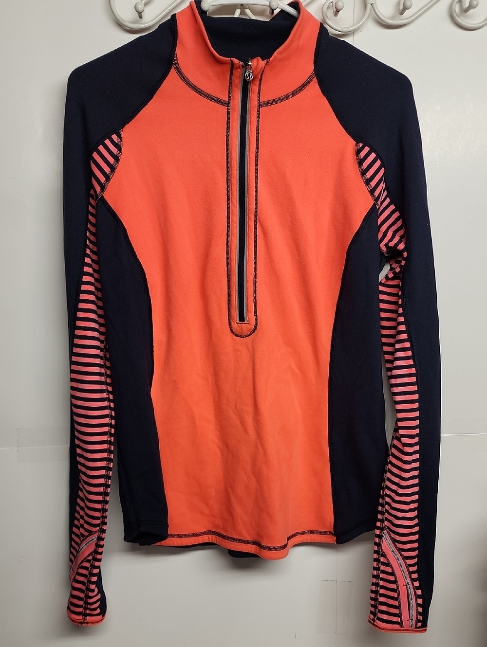 Lululemon Neon Coral and Navy Half-Zip Run U Turn Active Top Size 12 thumb Holes